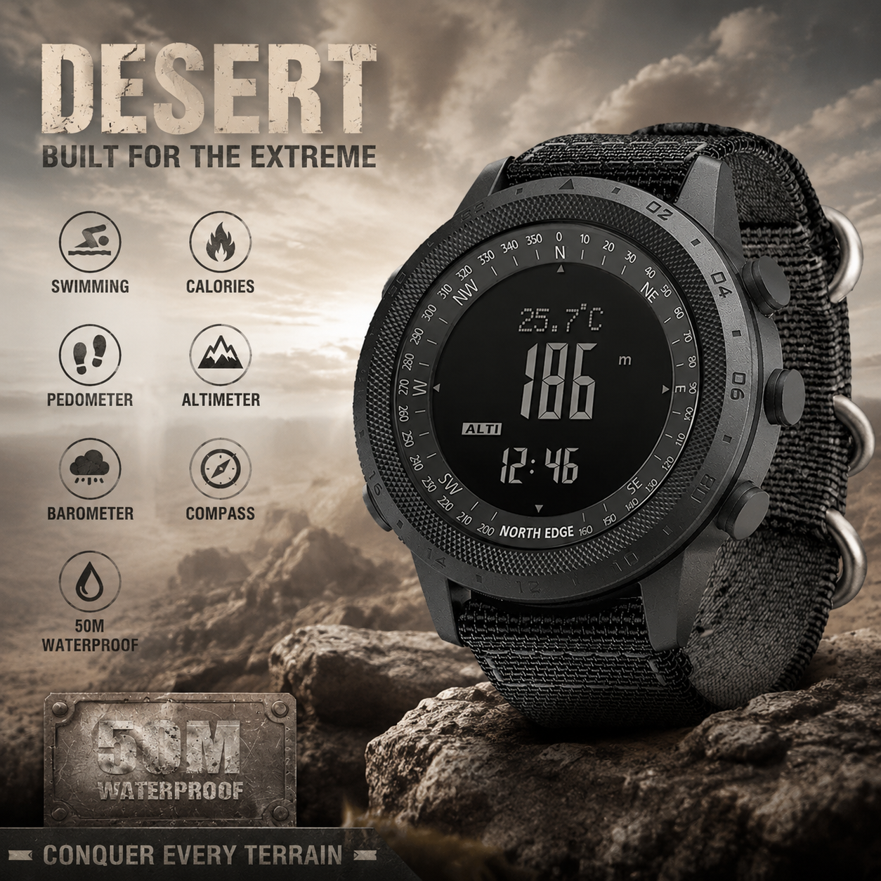 NORTH EDGE DESERT Men Digital  - Altimeter Compass Watch ulasan dan harga